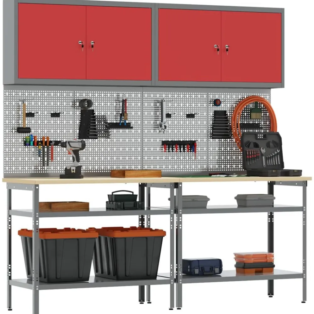 vidaXL Accesorios De Bricolaje-Conjunto de banco de trabajo con estante 8 pcs y Gris