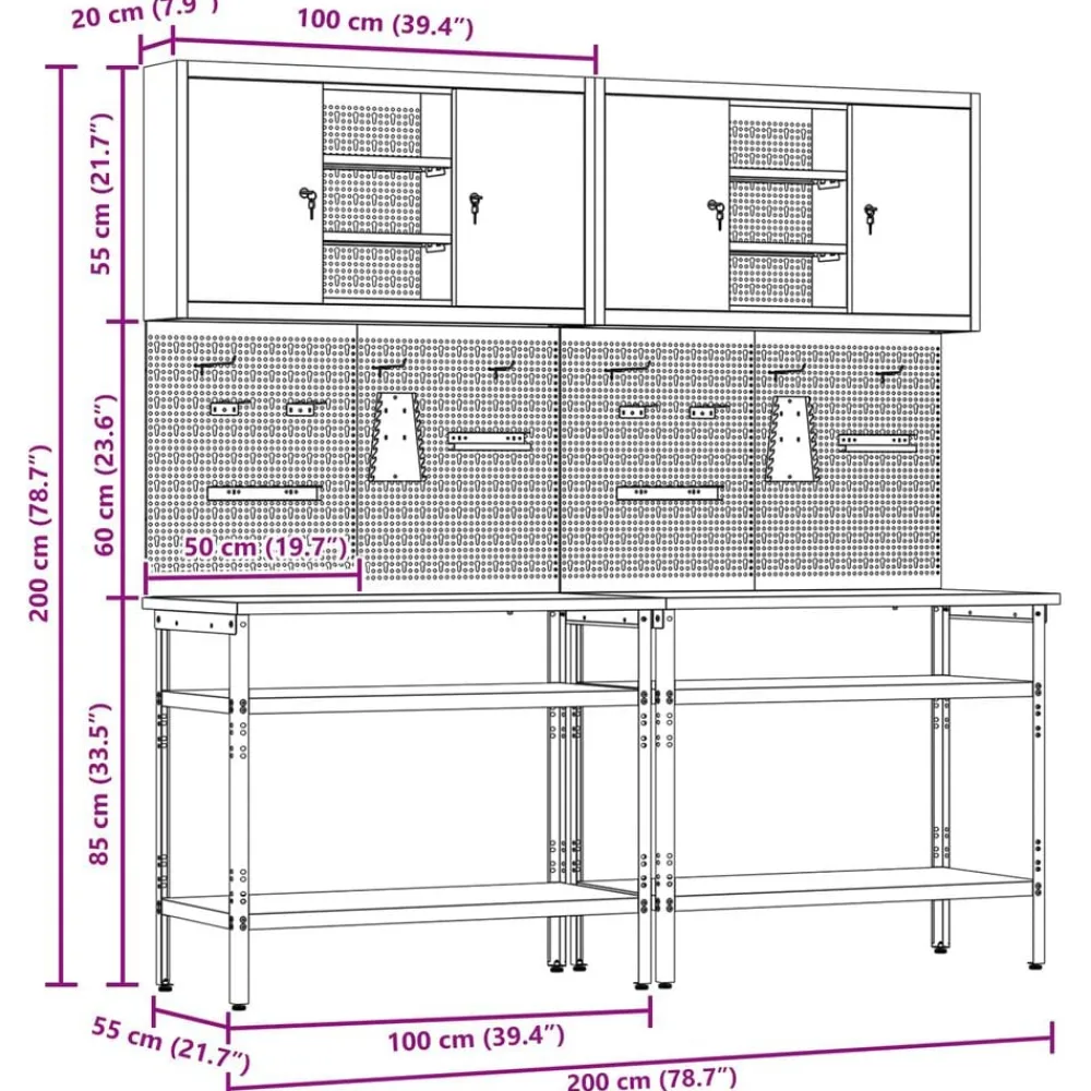 vidaXL Accesorios De Bricolaje-Conjunto de banco de trabajo con estante 8 pcs y Gris