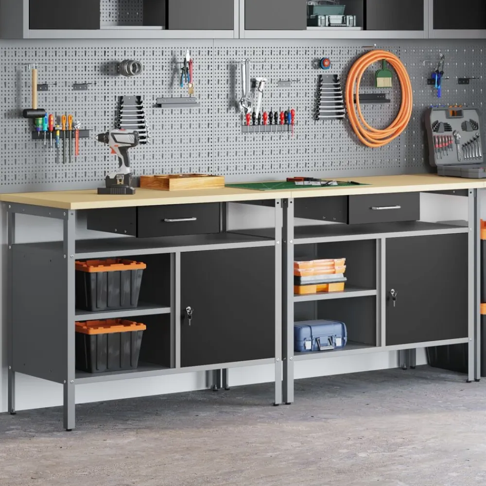 vidaXL Conjunto de banco de trabajo con cajón 2 pcs y Gris Negro Discount