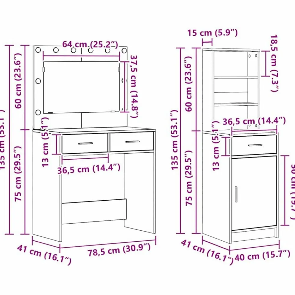 vidaXL Armarios Y Almacenamiento-Conjunto de mesa de vestidor con LED 3 pcs Madera de ingeniería