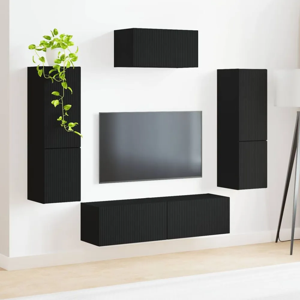 vidaXL Conjunto de mueble de TV 4 pcs Madera de ingeniería Negro Clearance