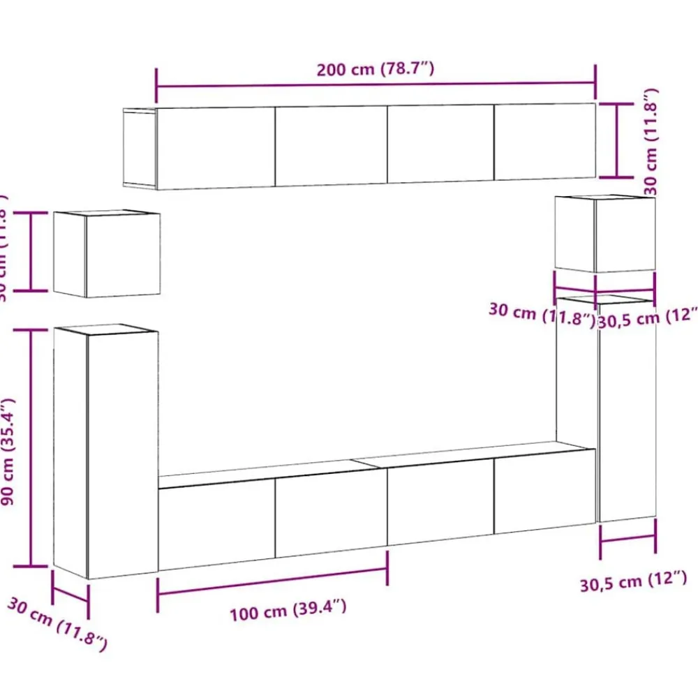vidaXL Conjunto de mueble de TV 8 piezas montado la pared madera vieja Madera envejecida Outlet
