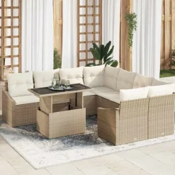 vidaXL Conjunto de sofá de jardín 9 pcs ratán sintético beige y crema Sale
