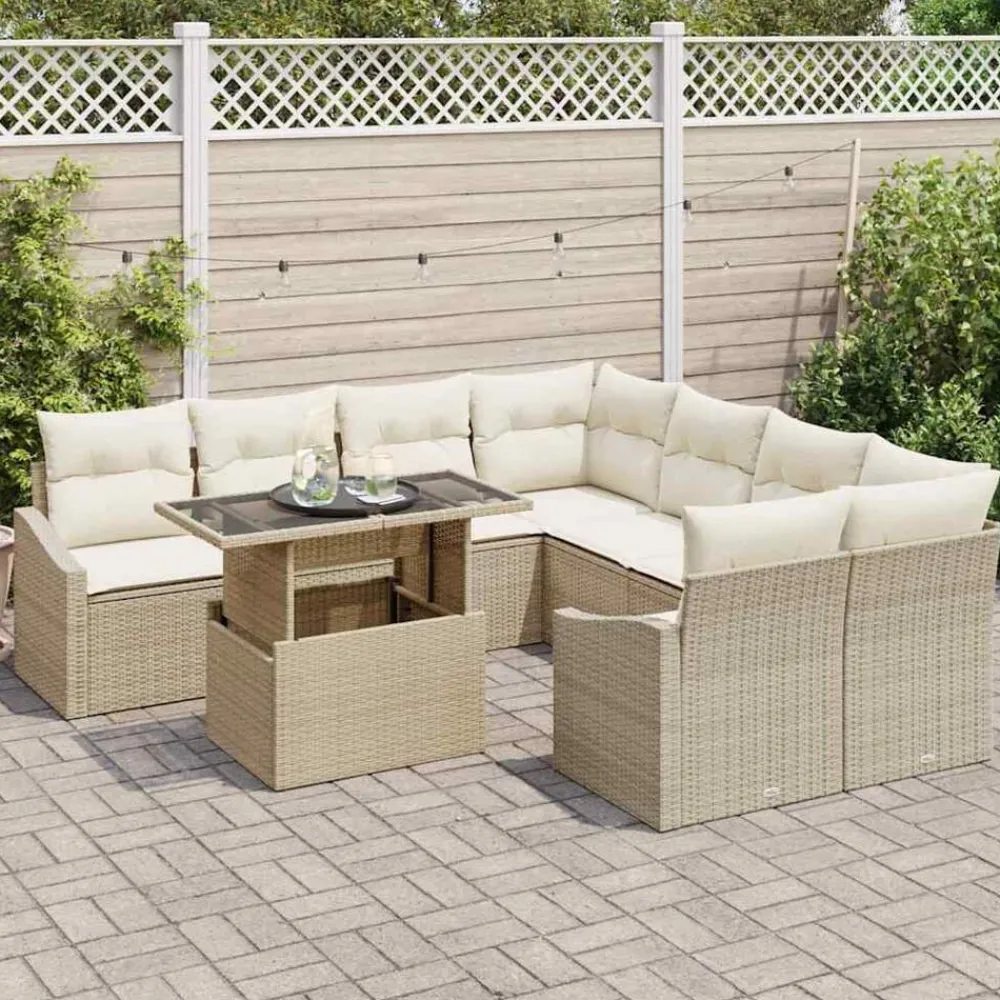 vidaXL Conjunto de sofá de jardín 9 pcs ratán sintético beige y crema Sale