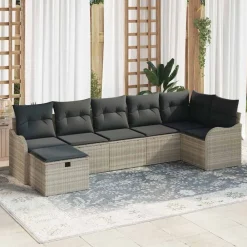 vidaXL Conjunto de sofá de jardín con cojín 7 pcs Poliratán Gris claro Outlet