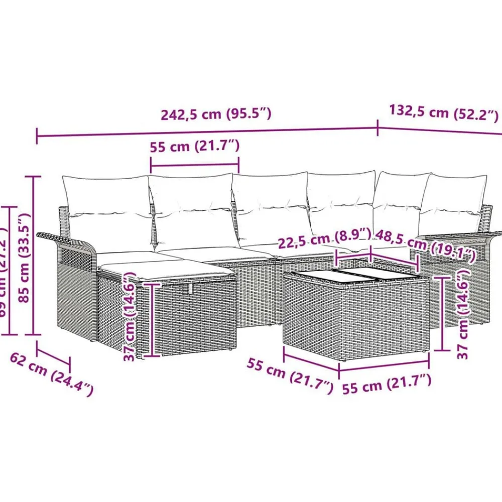 vidaXL Muebles De Jardín-Conjunto de sofá de jardín con cojín 7 pcs Poliratán