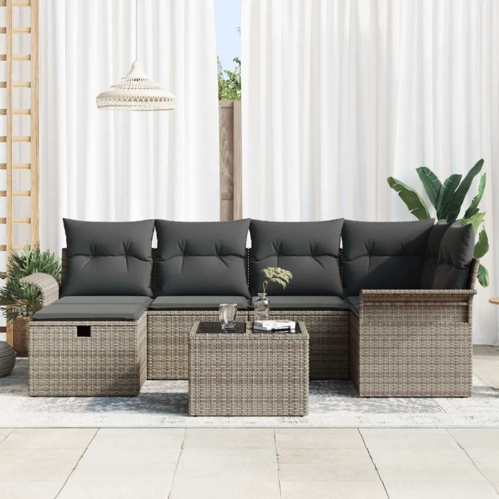 vidaXL Muebles De Jardín-Conjunto de sofá de jardín con cojín 7 pcs Poliratán