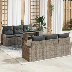 vidaXL Conjunto de sofá de jardín con cojín 7 pcs Poliratán Gris Clearance