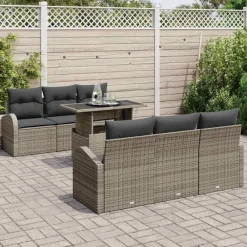 vidaXL Conjunto de sofá de jardín con cojín 7 pcs Poliratán Gris Clearance