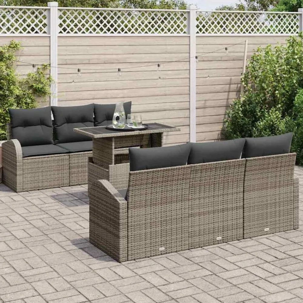 vidaXL Conjunto de sofá de jardín con cojín 7 pcs Poliratán Gris Clearance