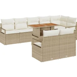 vidaXL Conjunto de sofá de jardín 9 pcs Beige Poliratán Beige y blanco Outlet
