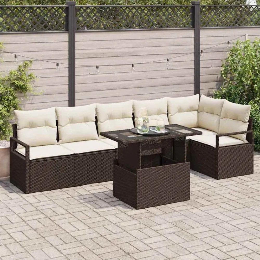 vidaXL Muebles De Jardín-Conjunto de sofá de jardín con cojín 7 pcs Marrón Poliratán