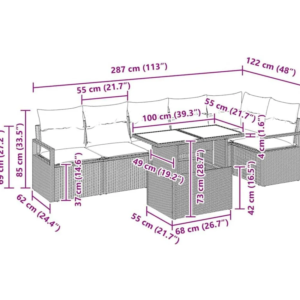 vidaXL Muebles De Jardín-Conjunto de sofá de jardín con cojín 7 pcs Marrón Poliratán