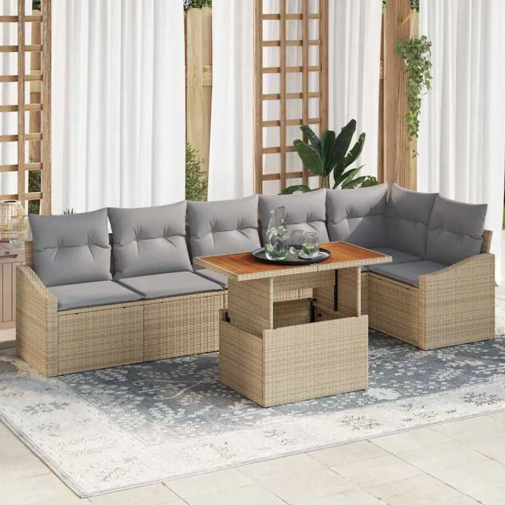 vidaXL Conjunto de sofá de jardín 7 pcs Beige Poliratán beige y gris claro Outlet
