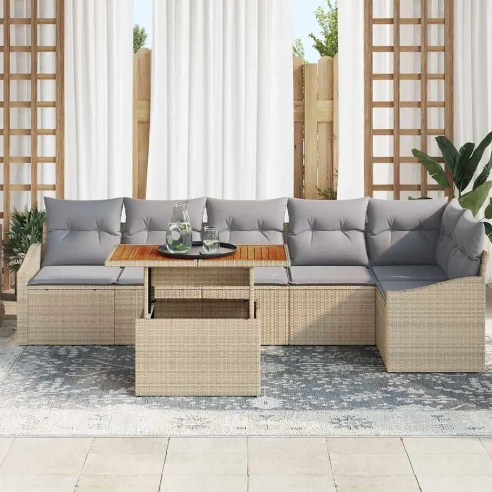 vidaXL Conjunto de sofá de jardín 7 pcs Beige Poliratán beige y gris claro Outlet