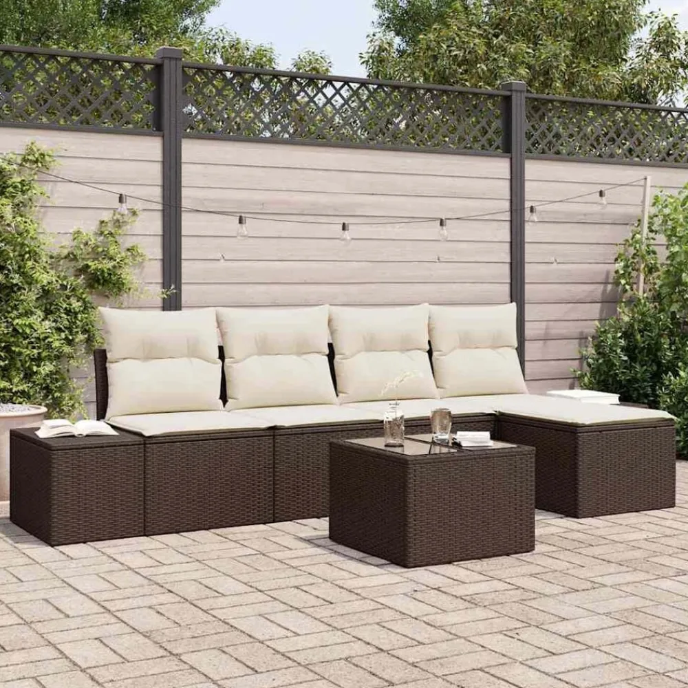 vidaXL Conjunto de sofá de jardín 5 pcs Marrón y crema ratán sintético Marrón y Online