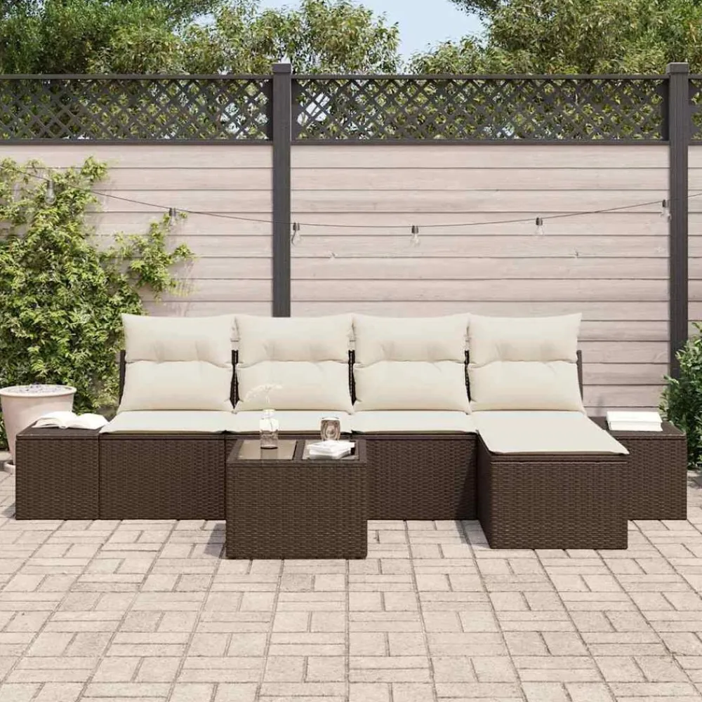 vidaXL Conjunto de sofá de jardín 5 pcs Marrón y crema ratán sintético Marrón y Online