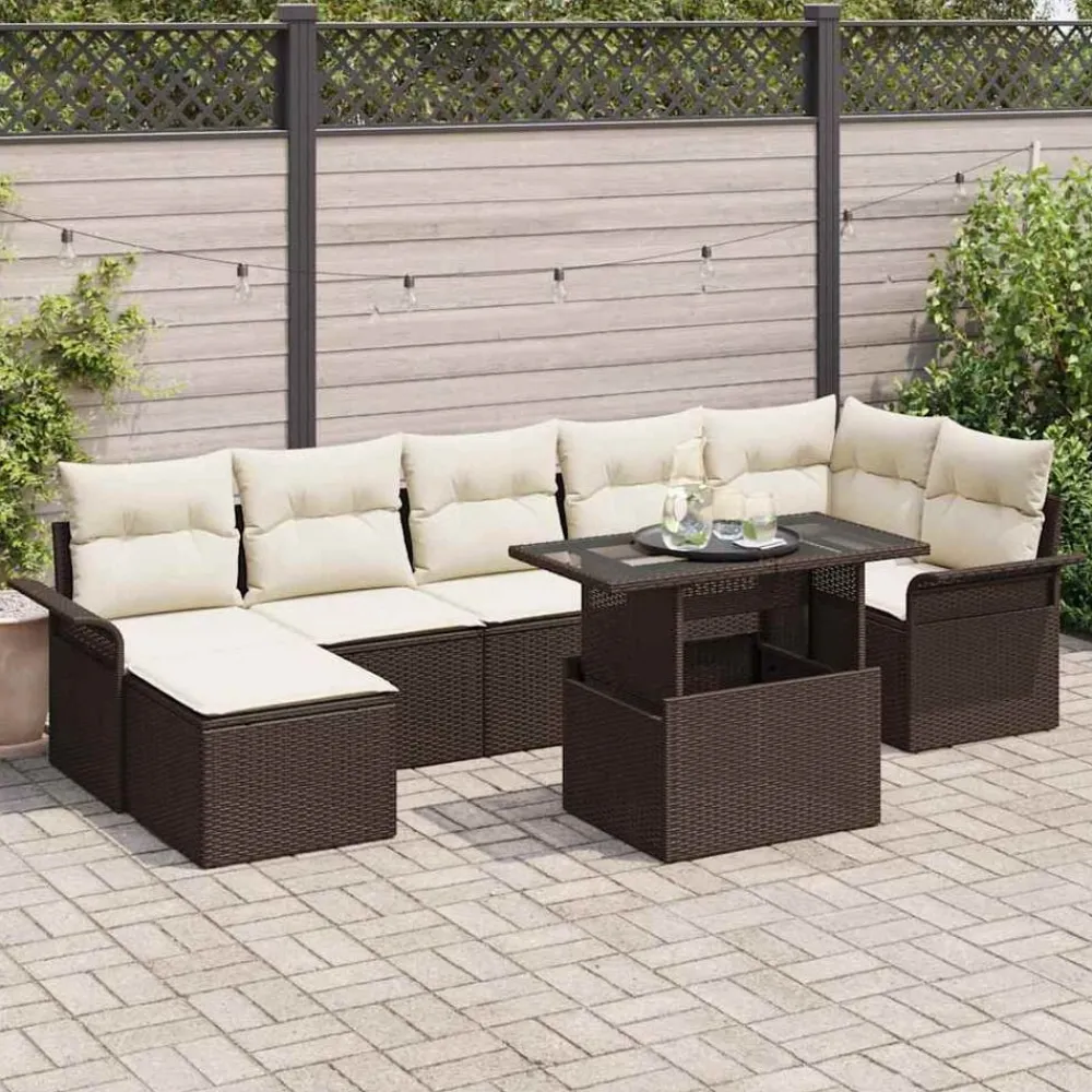 vidaXL Conjunto de sofá de jardín con cojín 8 pcs Marrón Poliratán Marrón y crema Online