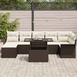 vidaXL Conjunto de sofá de jardín con cojín 8 pcs Marrón Poliratán Marrón y crema Online