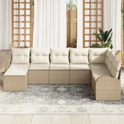 vidaXL Conjunto de sofá de jardín 8 pcs Beige Rattan de Poliéster beige y crema