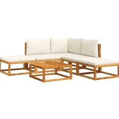 vidaXL Conjunto de sofá de jardín de 6 piezas con cojines de madera de acacia y ratán Negro y crema Online
