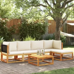vidaXL Conjunto de sofá de jardín de 6 piezas con cojines de madera de acacia y ratán Negro y crema Hot