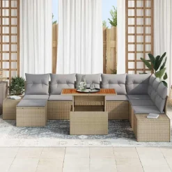 vidaXL Muebles De Jardín-Conjunto de sofá de jardín 9 pcs Beige Poliratán