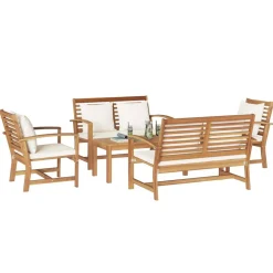 vidaXL Conjunto de sofás de jardín 5 pcs Natural Madera de teca maciza Natural y crema Best
