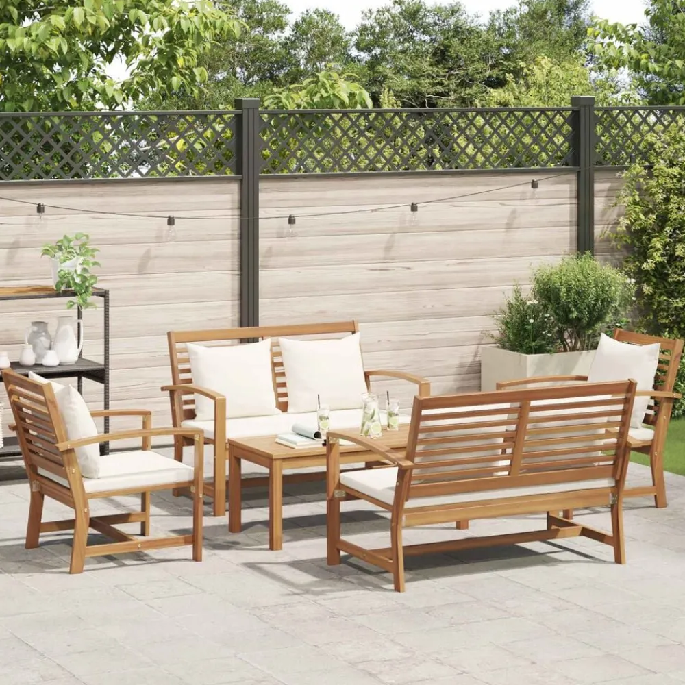 vidaXL Conjunto de sofás de jardín 5 pcs Natural Madera de teca maciza Natural y crema Best