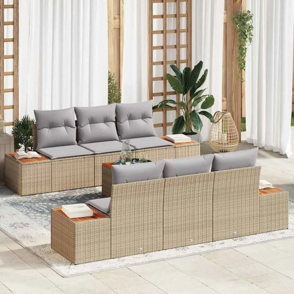 vidaXL Conjunto de sofás de jardín con cojín 7 pcs Beige Poliratán beige y gris Discount