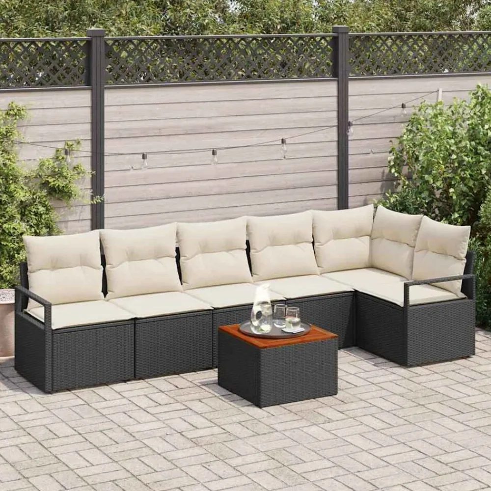 vidaXL Conjunto de sofás de jardín 7 pcs Negro ratán sintético Negro y crema Outlet