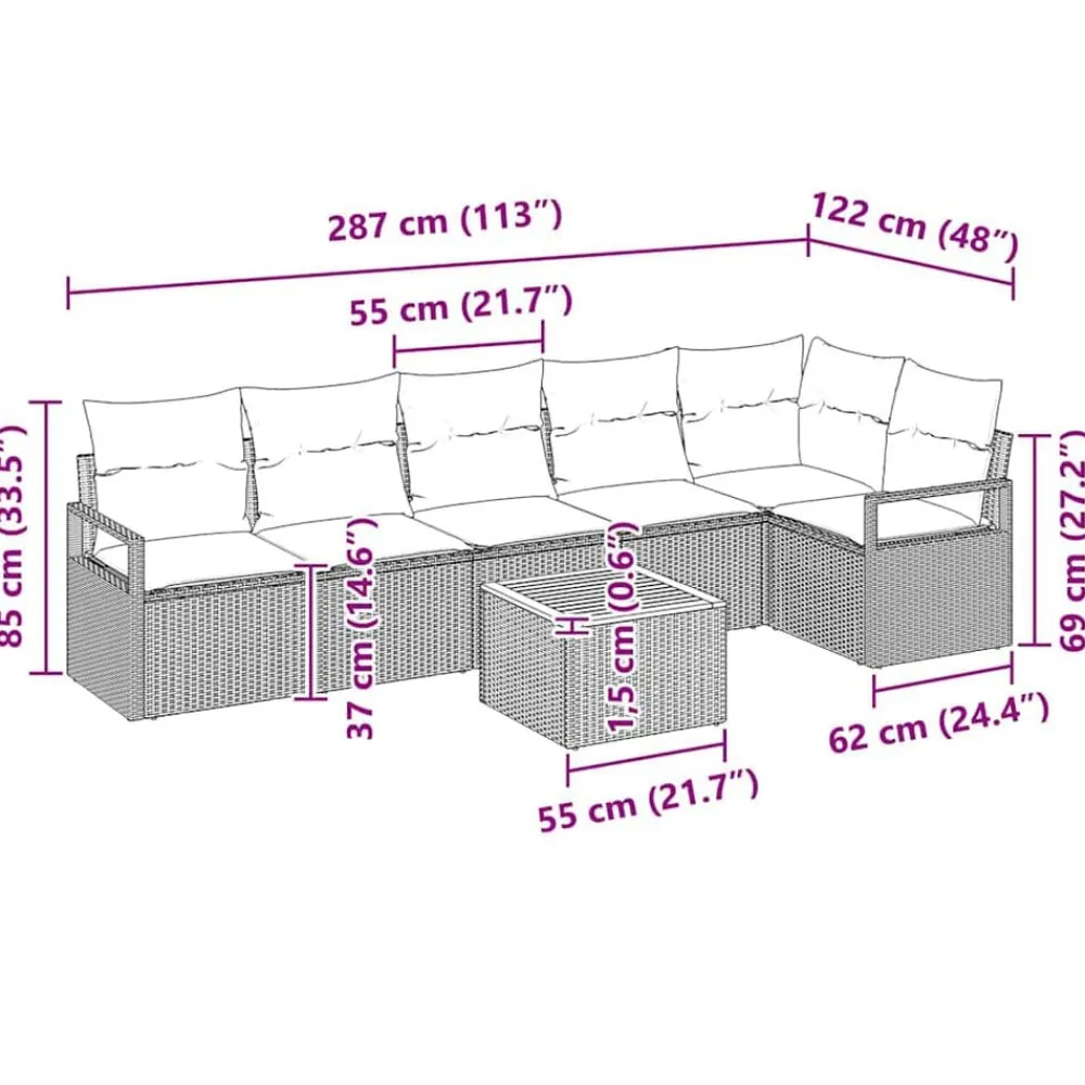 vidaXL Conjunto de sofás de jardín 7 pcs Negro ratán sintético Negro y crema Outlet