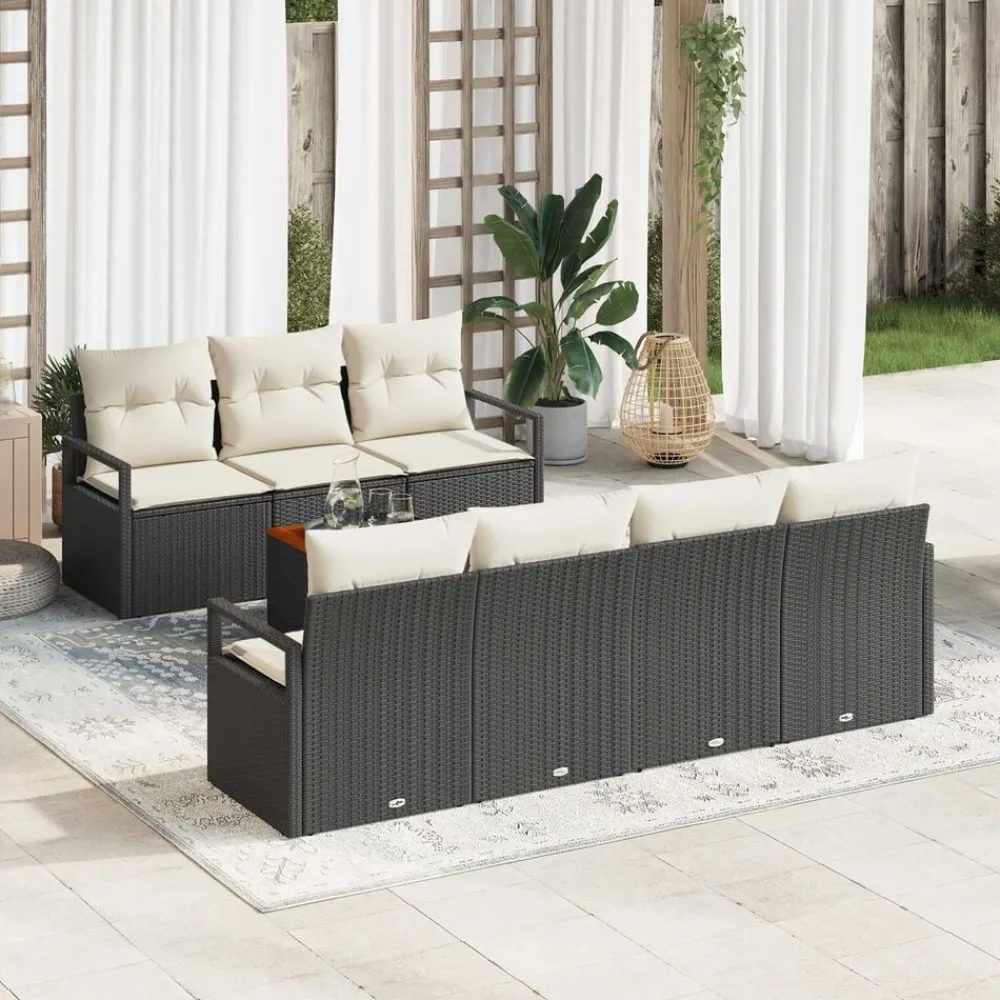 vidaXL Conjunto de sofás de jardín 8 pcs Negro ratán sintético Negro y crema Hot