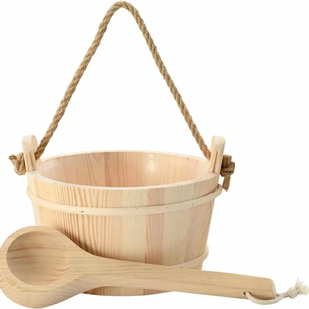 vidaXL Piscina Y Spa-Cubo de Sauna 2 pcs Marrón Madera de Pino Sólida y Cáñamo