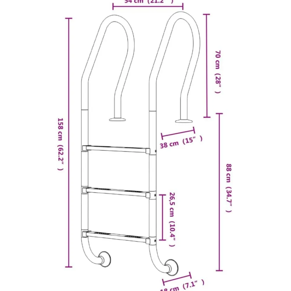 vidaXL Piscina Y Spa-Escalera para piscina acero inoxidable 304 54x38x158 cm