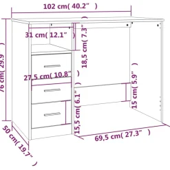 vidaXL Escritorio con cajones contrachapada 102x50x76 cm Gris sonoma New