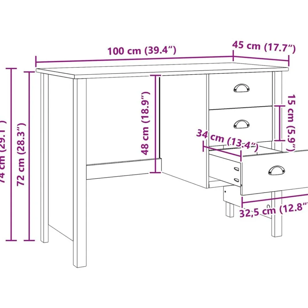 vidaXL Mobiliario De Oficina-Escritorio con cajones Hill 100 x 45 x 74 cm Pino macizo