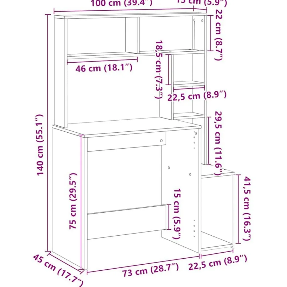 vidaXL Mobiliario De Oficina-Escritorio con estantes contrachapada marrón roble 100x45x140cm