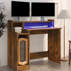 vidaXL Escritorio con LED madera ingeniería 97x45x90 cm Roble ahumado Sale