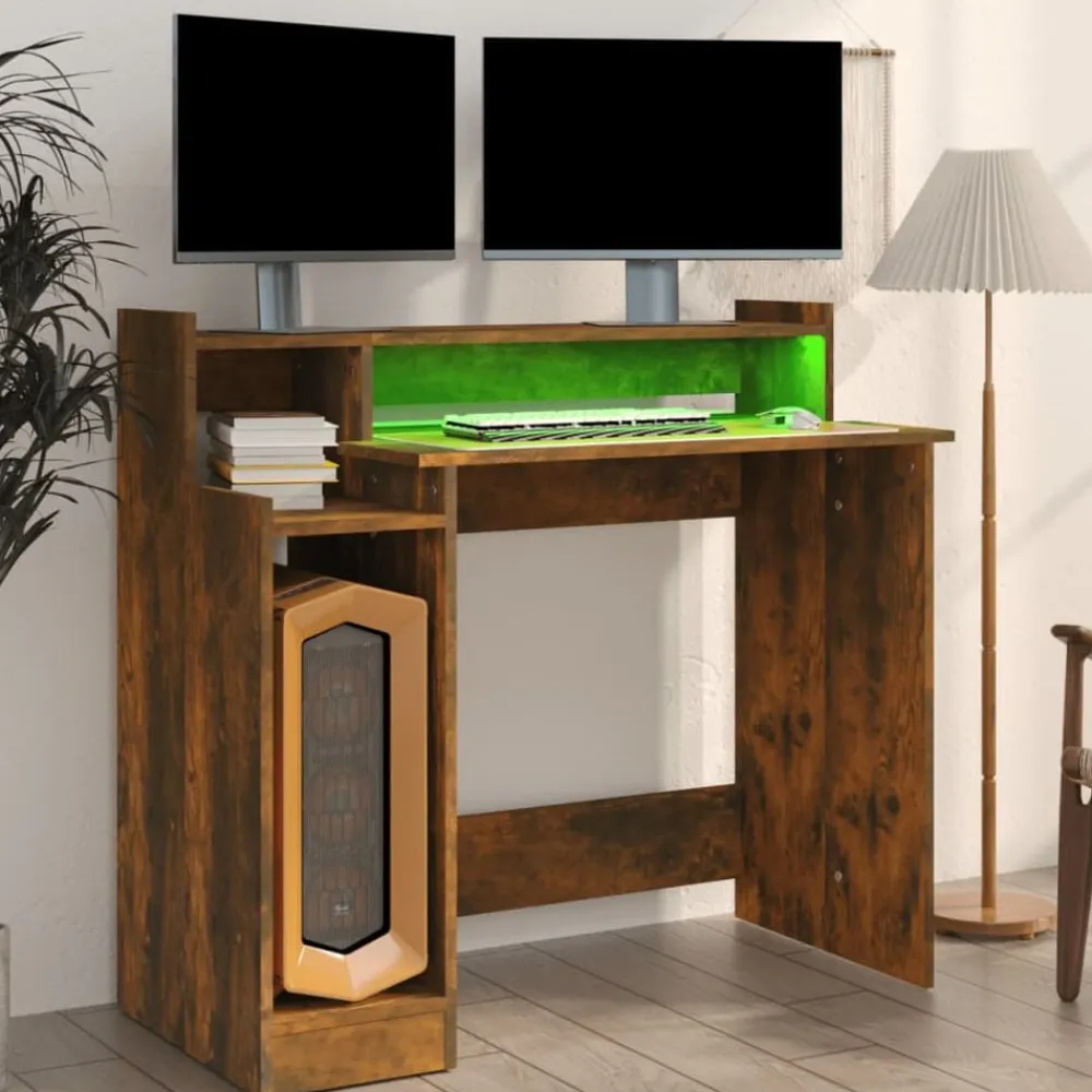 vidaXL Escritorio con LED madera ingeniería 97x45x90 cm Roble ahumado Sale
