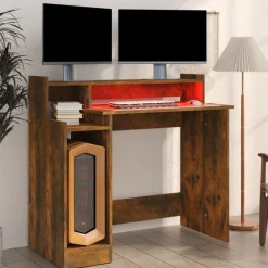 vidaXL Escritorio con LED madera ingeniería 97x45x90 cm Roble ahumado Sale
