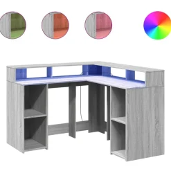 vidaXL Escritorio con LED madera ingeniería 130x130x91cm Gris sonoma New