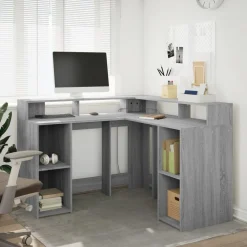 vidaXL Escritorio con LED madera ingeniería 130x130x91cm Gris sonoma New