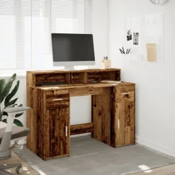 vidaXL Mobiliario De Oficina-Escritorio con LED madera ingeniería envejecida 120x55x91 cm
