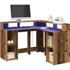 vidaXL Escritorio con LED madera ingeniería envejecida 130x130x91 cm Madera antigua