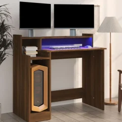 vidaXL Escritorio con LED madera ingeniería marrón roble 97x45x90 cm Marr&oacute;n roble Best
