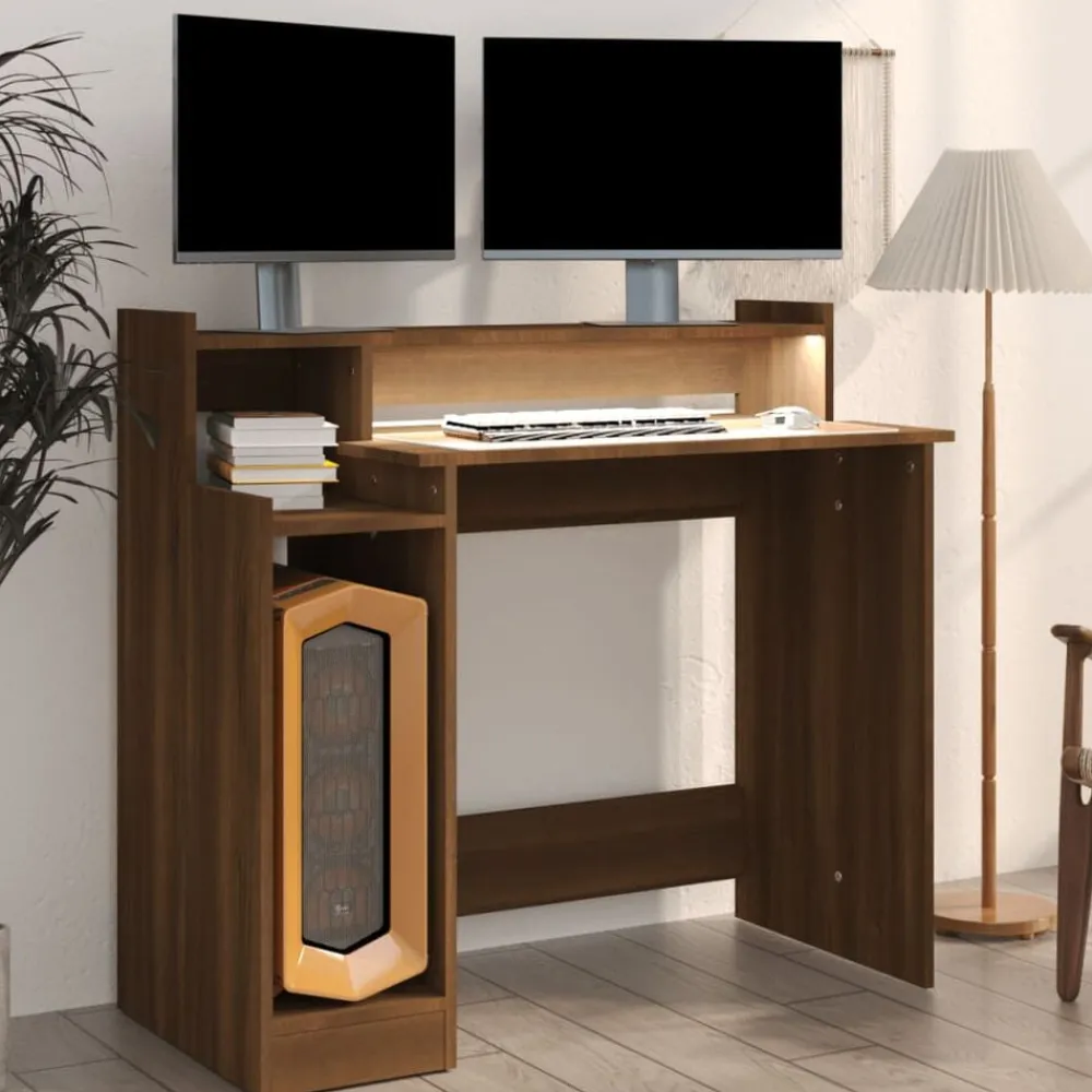 vidaXL Escritorio con LED madera ingeniería marrón roble 97x45x90 cm Marrón roble Best