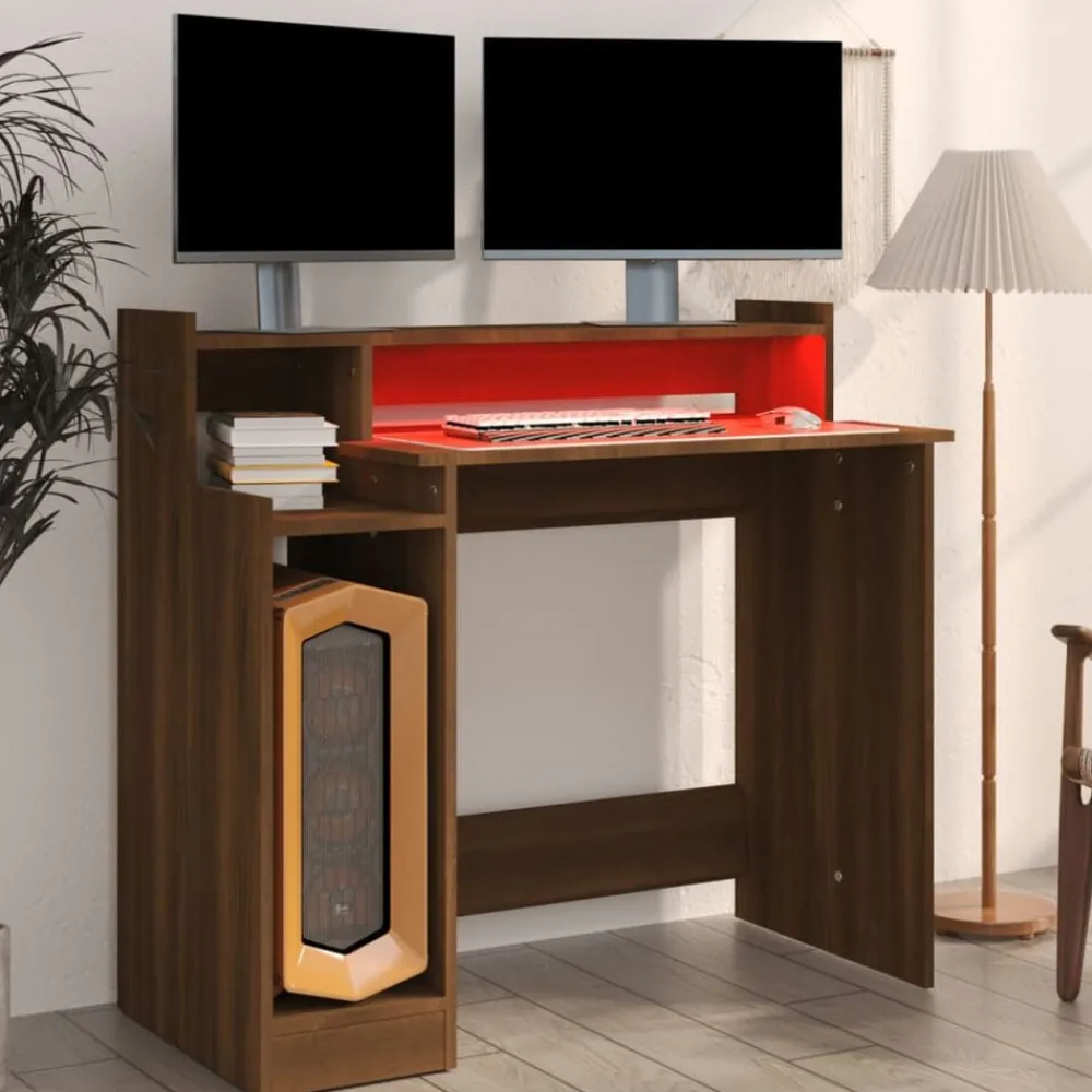 vidaXL Escritorio con LED madera ingeniería marrón roble 97x45x90 cm Marrón roble Best