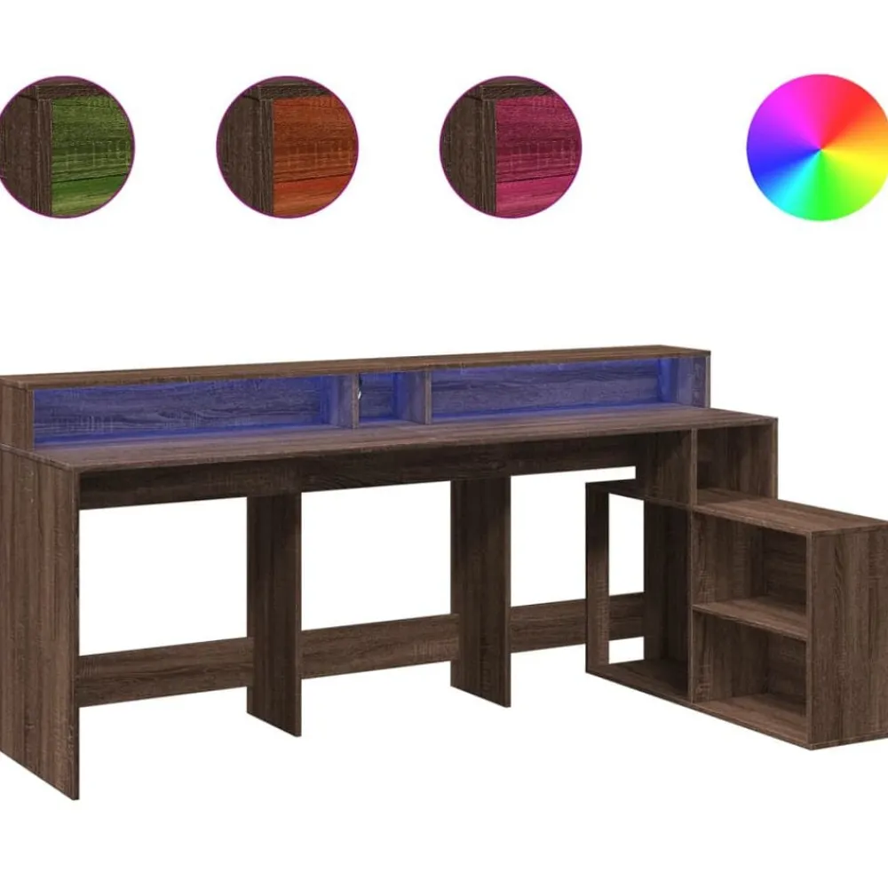 vidaXL Escritorio con LED madera ingeniería marrón roble 200x104x91 cm Marrón roble Clearance