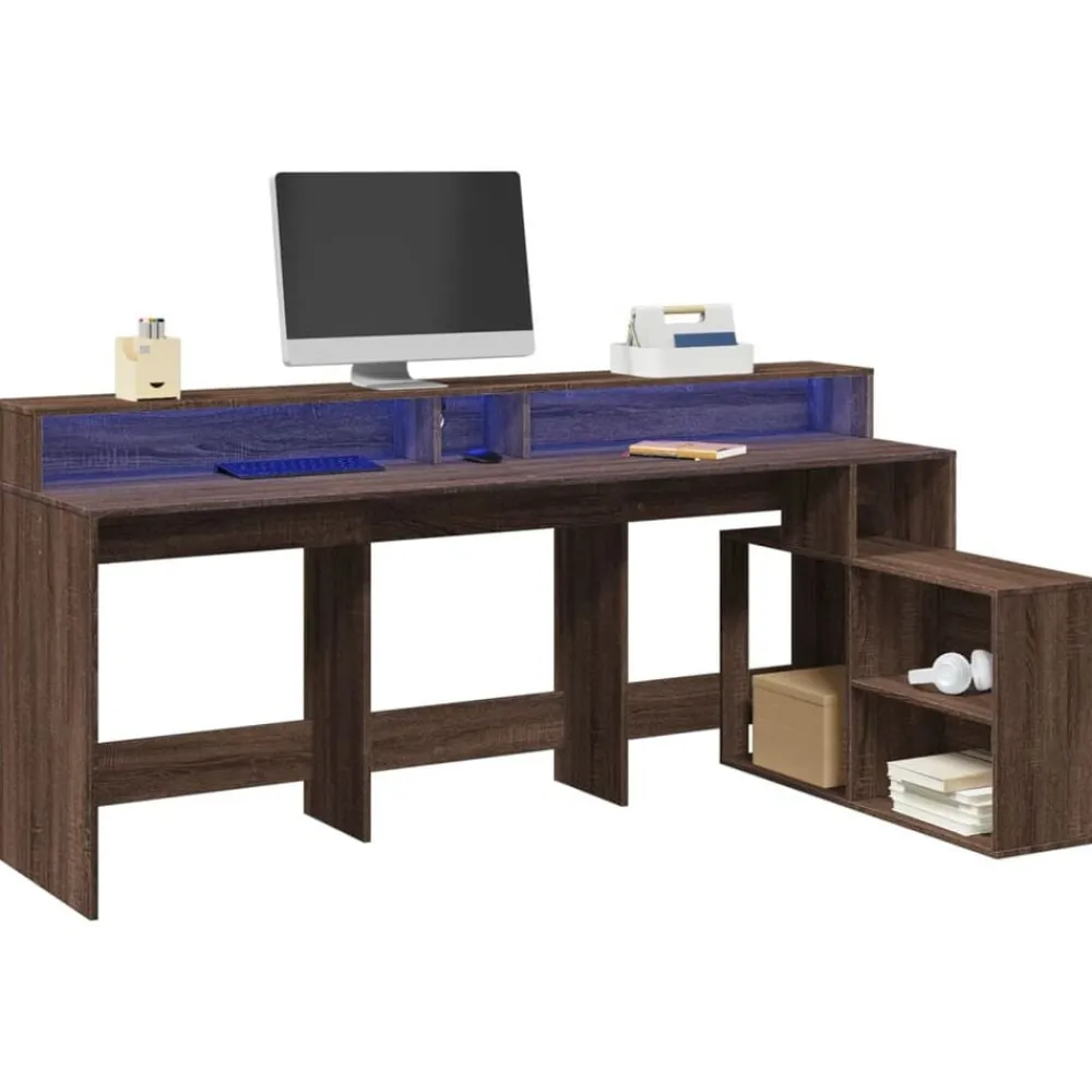 vidaXL Escritorio con LED madera ingeniería marrón roble 200x104x91 cm Marrón roble Clearance